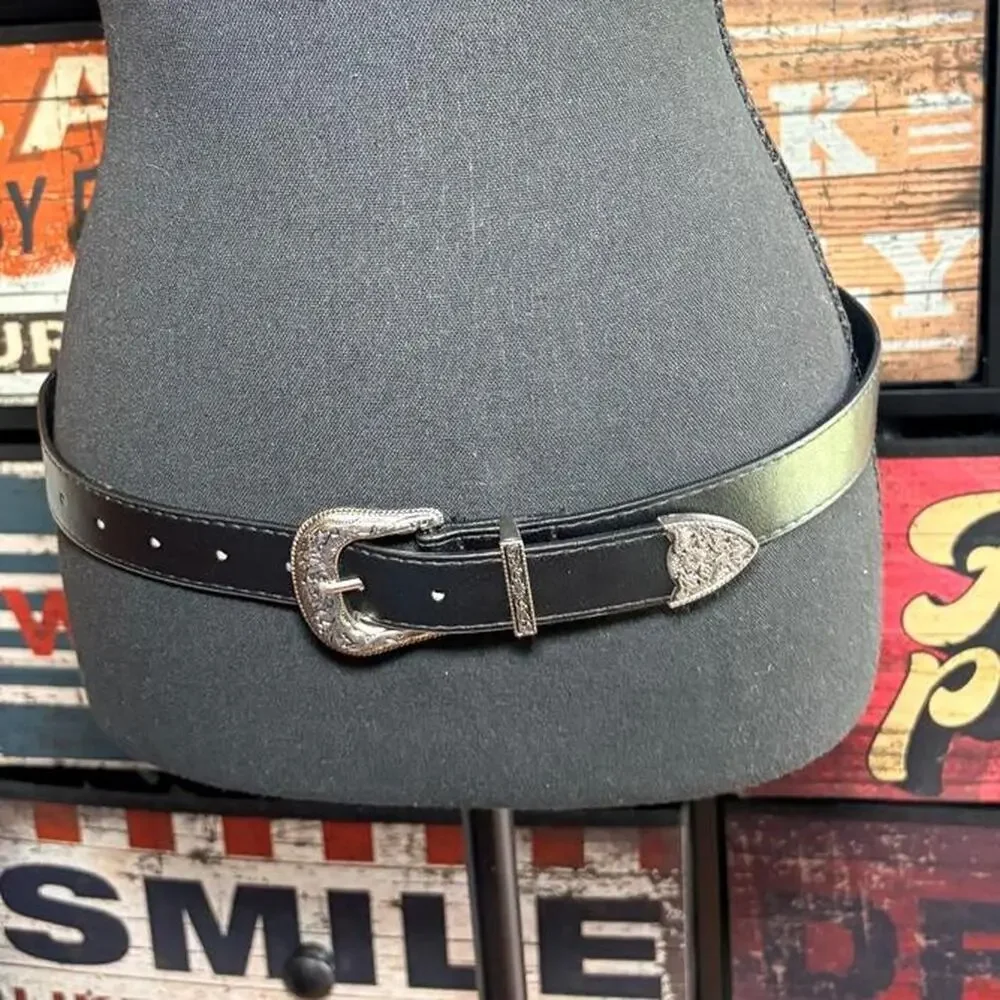 Black faux leather belt silver western buckle boho vintage y2k minimalist